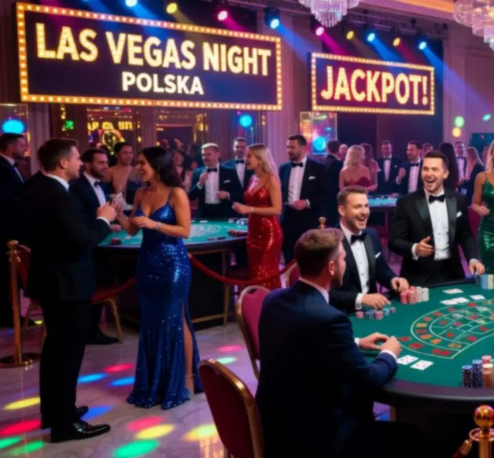 Impreza w stylu Las Vegas z kolorowymi światłami i stołami do gier