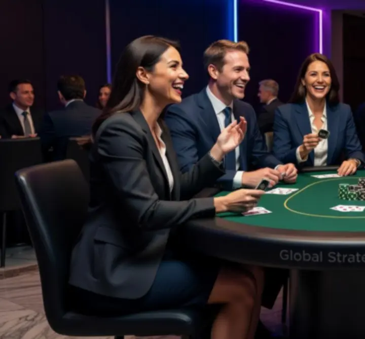 Pokerowy wieczór firmowy z krupierem i pracownikami przy stole